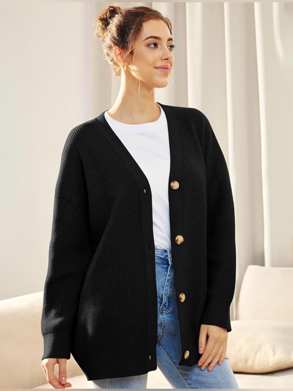 E-Fan Black Heavyweight Oversized Cardigan Relaxed Fit Size S